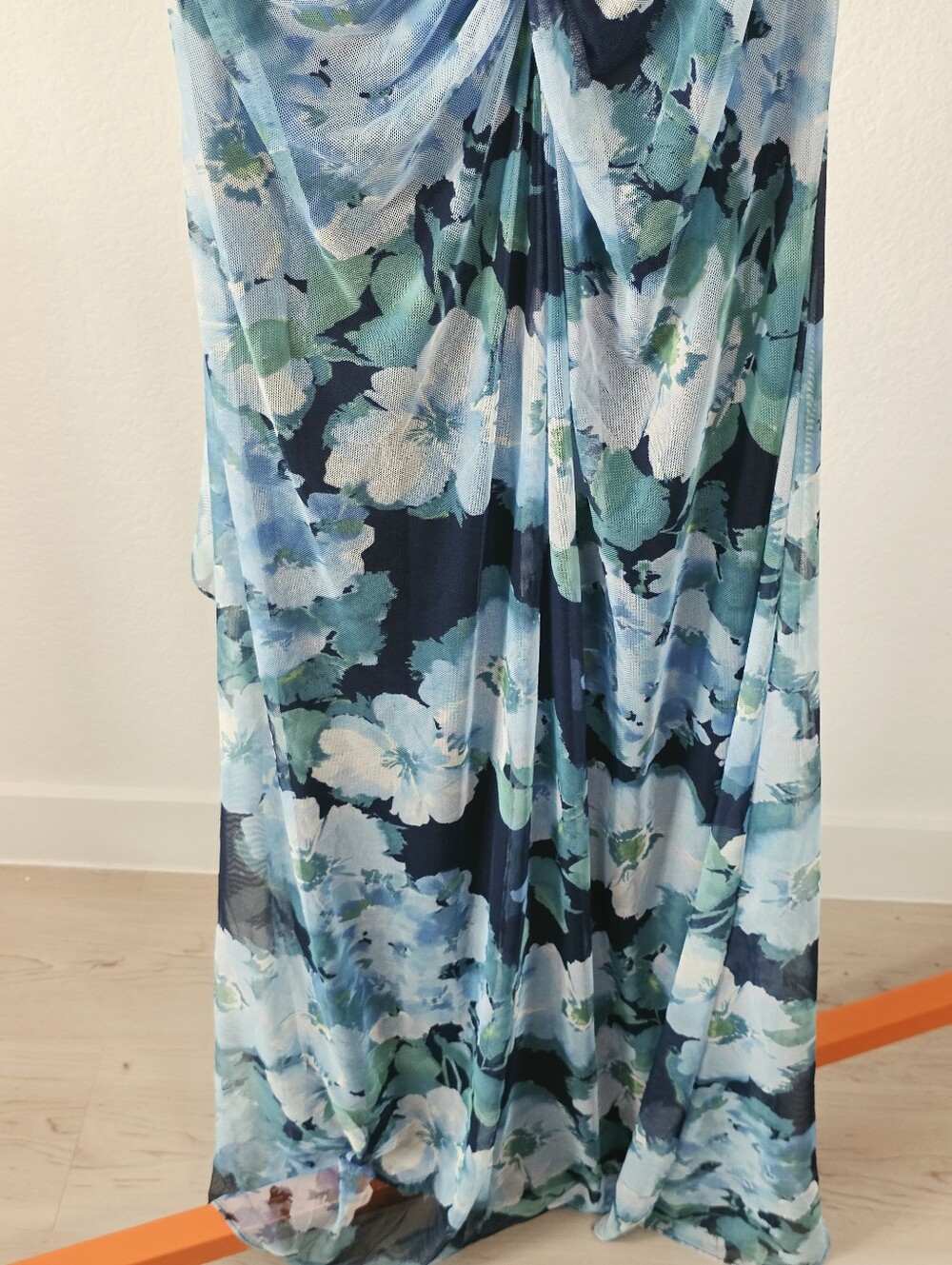 Betsy & Adam NWT Size 16 Blue Floral Chiffon Ruched Ruffle Maxi Gown Dress - Picture 11 of 12